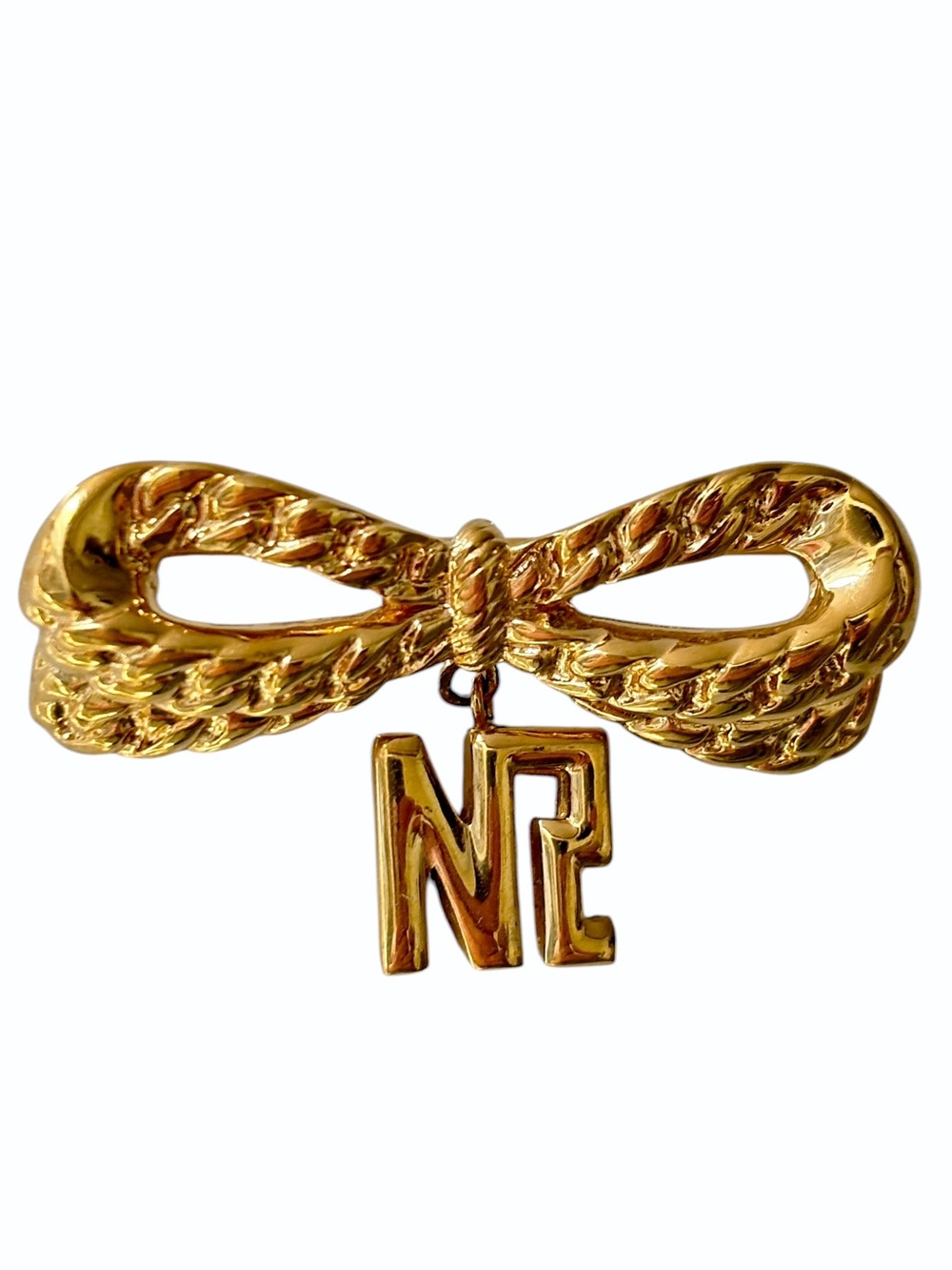 Nina Ricci Vintage Signed Gold Logo Bow Brooch
